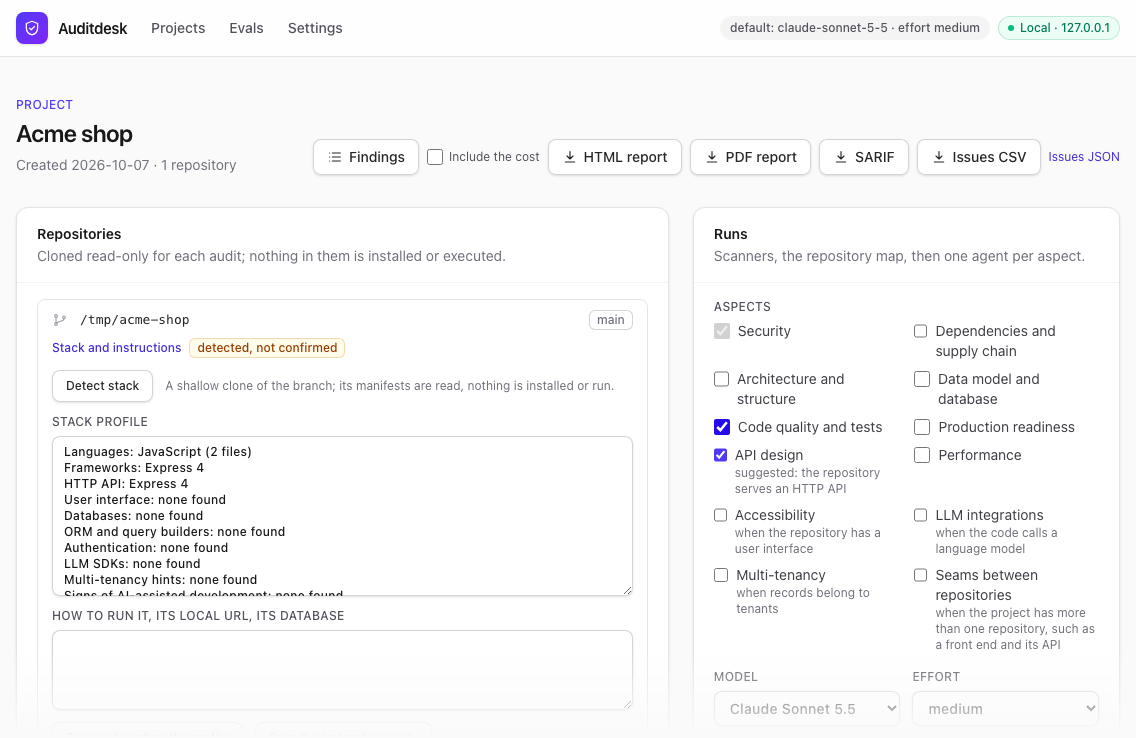 Starting an audit: the repository, its detected stack, and the aspects to examine